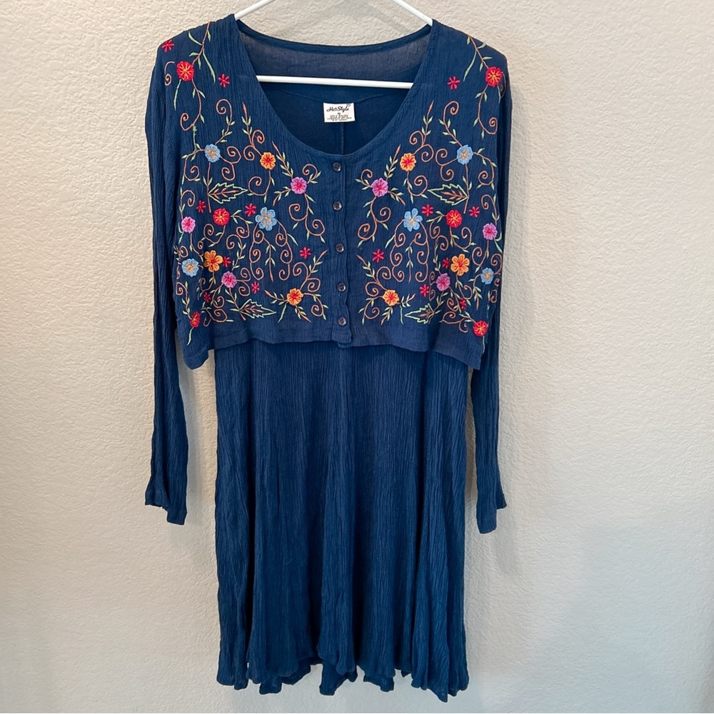 Navy Blue Embroidered Floral Dress Two Piece Long Sleeve M Cottage Boho Navy - Picture 2 of 16
